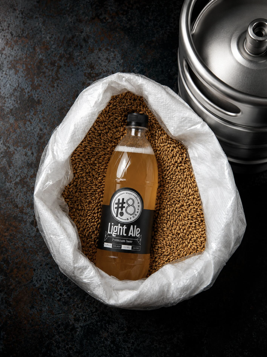 Пляшка Light Ale у мішку з зерном поруч із кегом